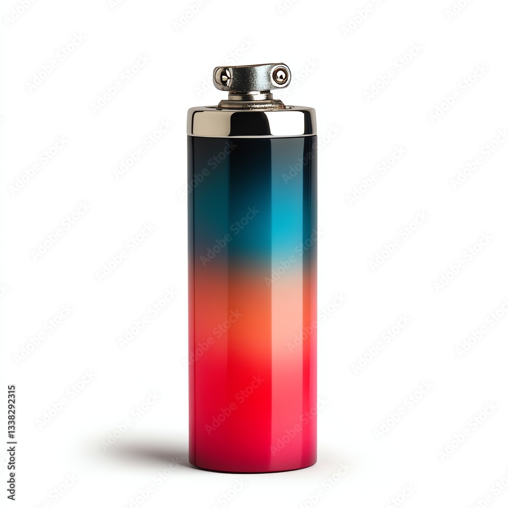 Stylish gradient travel flask in vibrant colors with silver lid, white isolated background. Stylish gradient travel flask in vibrant colors with silver lid, white isolated background.
