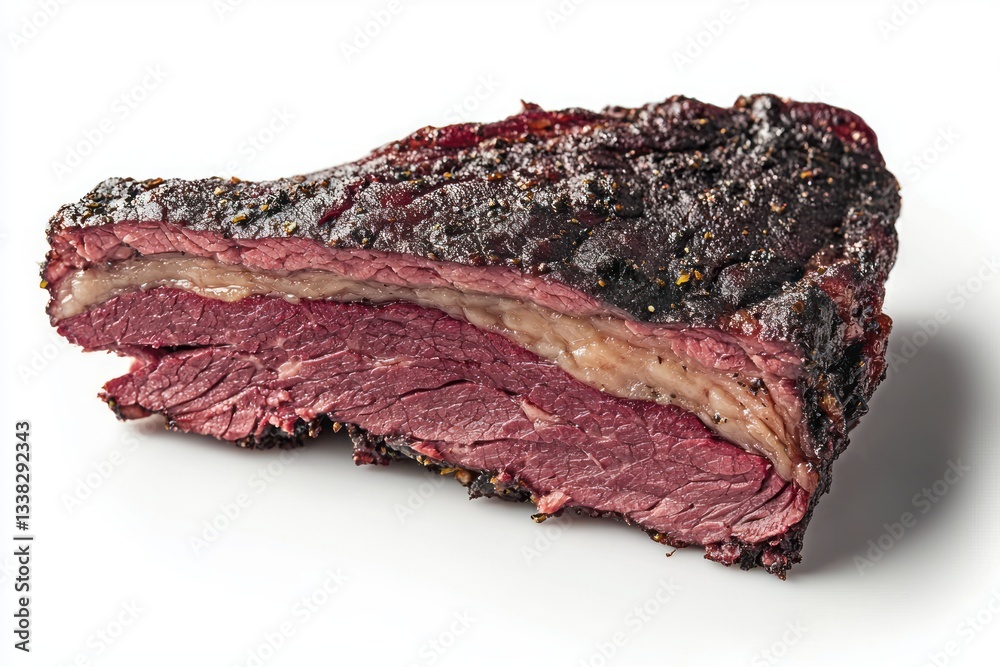 Fototapeta premium Delicious smoked brisket cut close up view on bright white with dark crispy crust and tender beef