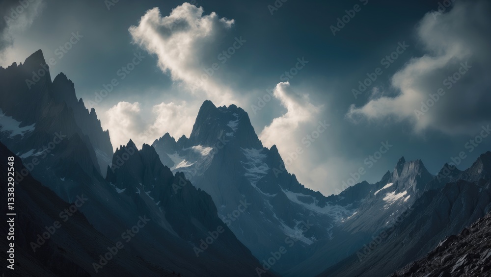 Obraz premium Majestic mountain summits beneath a cloudy sky in a secluded wilderness area