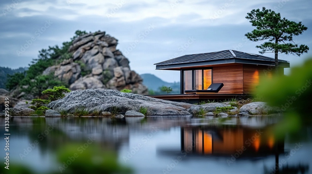 Modern cabin on tranquil lake, nestled amongst rocks Modern cabin on tranquil lake, nestled amongst rocks