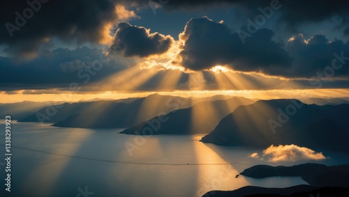 Dramatic evening vista of an island along the passage, featuring sunbeams filtering through darkening clouds and lighting up low cloudlets and mist. photo