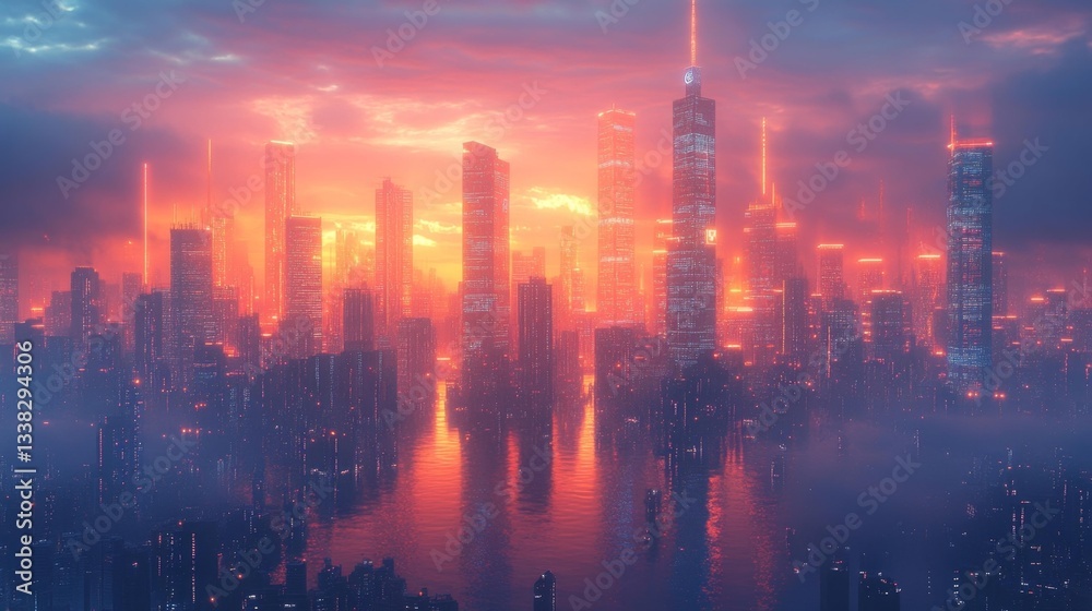 Fototapeta premium Futuristic Digital Cityscape with Glowing Buildings and Autonomous Technology. Generative AI