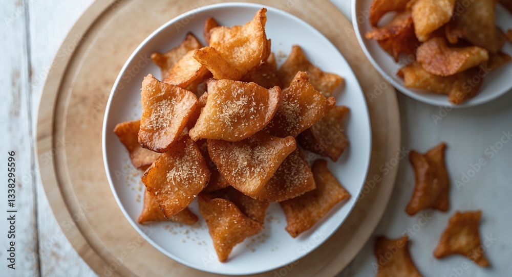 Cracklings produced by prolonged melting of fat and skin slices, then seasoned with salt and pepper while hot, served on a white plate atop a wooden surface. Cracklings produced by prolonged melting of fat and skin slices, then seasoned with salt and pepper while hot, served on a white plate atop a wooden surface.