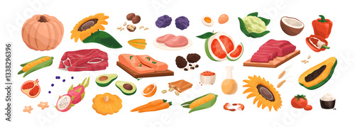 Healthy food set. Different fresh fruit, farm vegetables, raw meat and fish. Grocery products, eating: avocado, pumpkin, salmon, nuts, eggs. Flat isolated vector illustrations on white background.