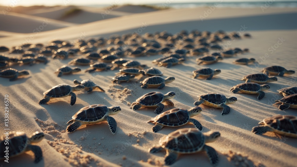 Obraz premium Many tiny baby turtles emerge from the sand nest and head towards the sea.