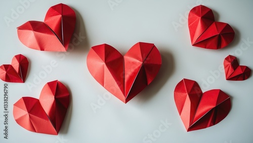 Isolated red paper heart on a white background, red heart, paper heart backdrop.