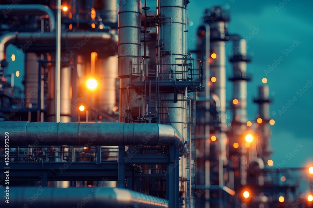 Fototapeta premium Industrial skyline glows at dusk near refinery Generative AI