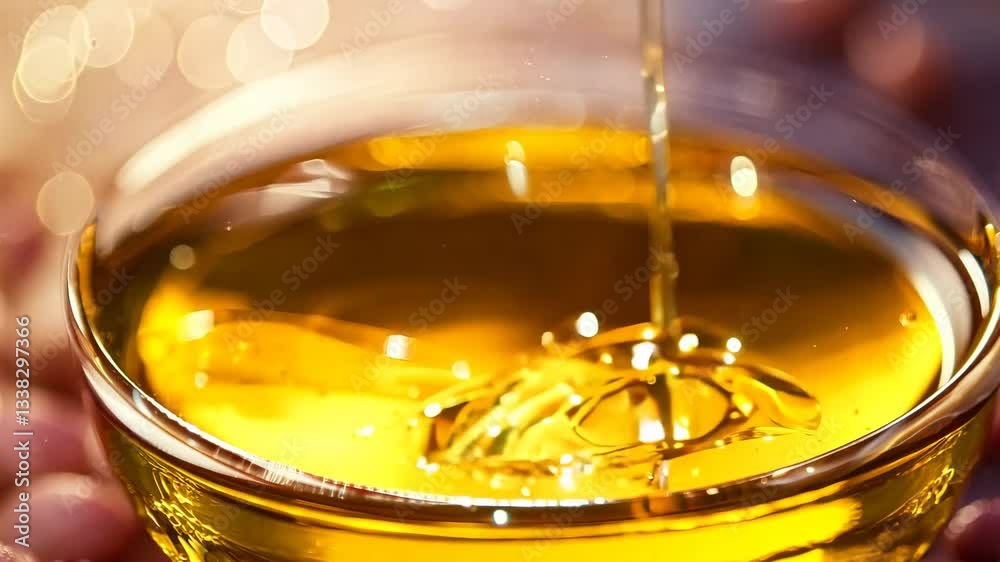 A close-up of golden oil being poured into a glass bowl, capturing the rich texture and warm reflections. The luxurious glow and smooth consistency highlight themes of natural beauty, health