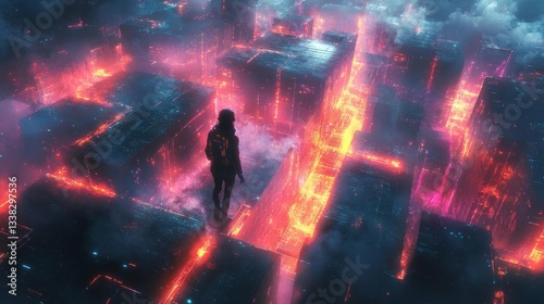 Futuristic Cityscape with Neon Lights and Mysterious Figure. Generative AI