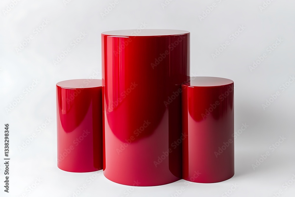 Three glossy red cylindrical podiums against white background with clean composition