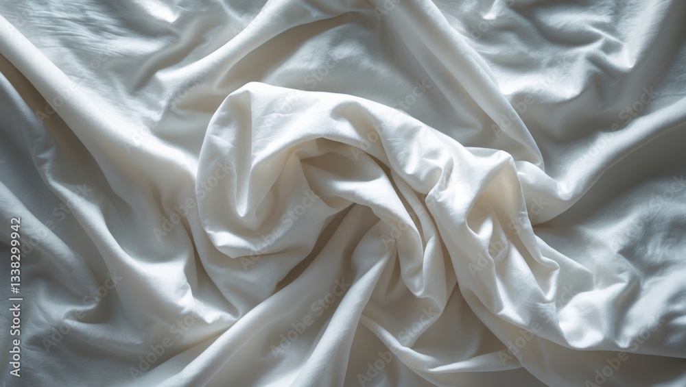 Obraz premium White fabric texture background, wavy cloth. Fragment of creased bedclothes serves as background, crumpled sheet from the morning bed. Minimalistic white bed linen as backdrop. Aesthetic surface vi...