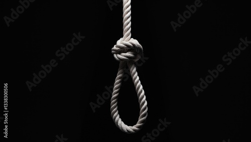 Hangman's noose set against a black background. Concept of capital punishment and death penalty by hanging, featuring a rope tied into a loop isolated on a dark backdrop.