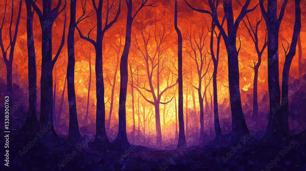 Obraz premium vibrant mosaic artwork depicts forest at twilight, with silhouetted trees against fiery orange and purple sky, creating mystical and enchanting atmosphere