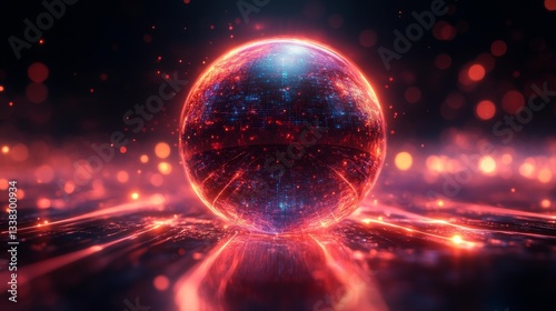 Glowing Holographic Geometric Sphere Surrounded by Neon Light Trails. Generative AI