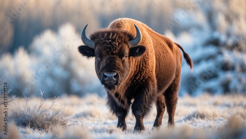 Landscape photo of a young bison in a snow-covered field