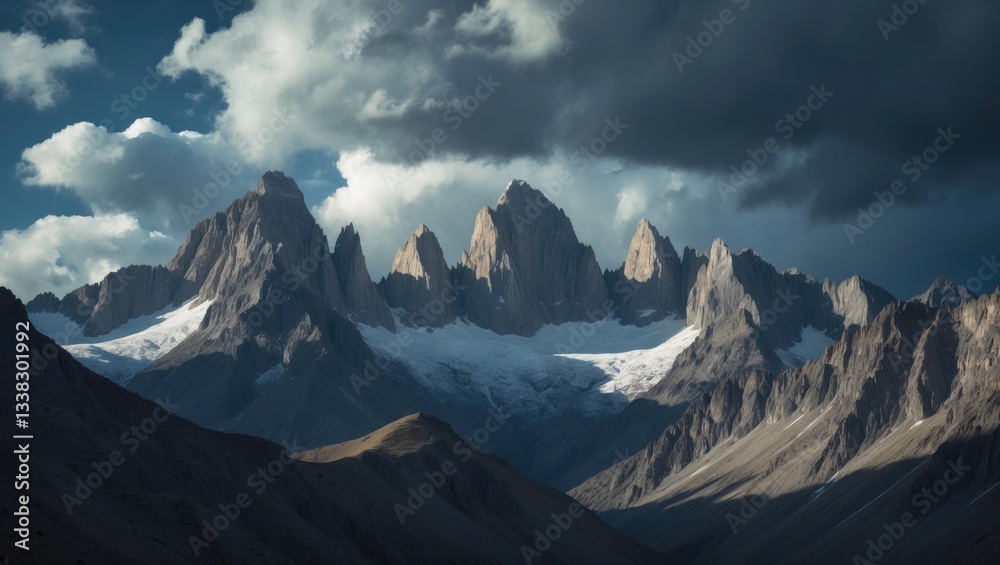 Fototapeta premium Majestic mountain summits beneath a cloudy sky in a secluded wilderness region.