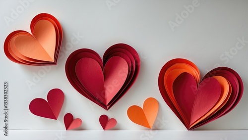 Red paper hearts separated on a white background.