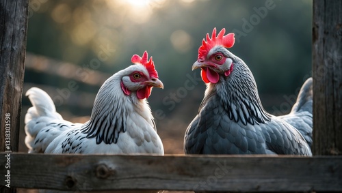 Easter egger and araucana chickens on a farm photo
