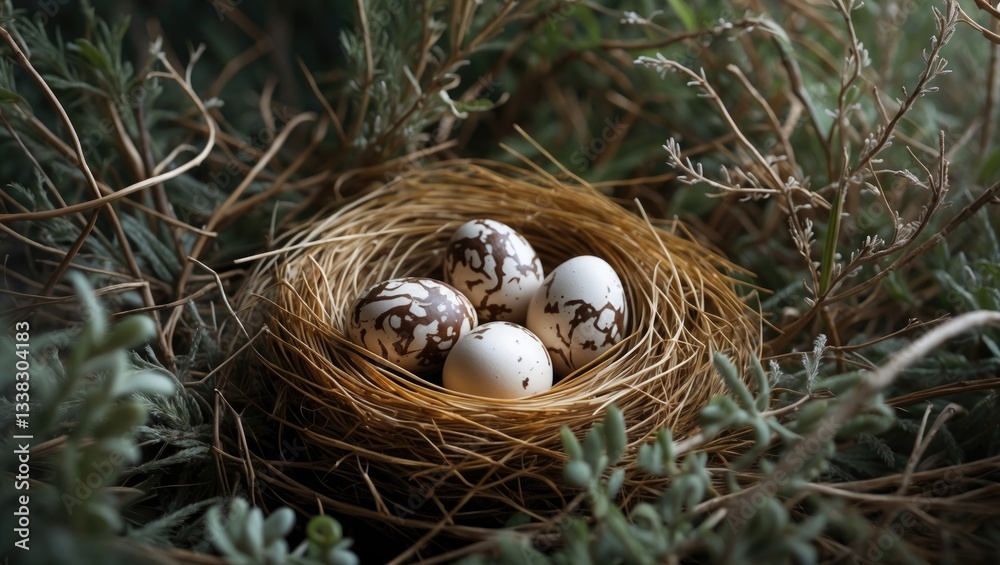 Reed bunting nest with eggs concealed in the foliage. Reed bunting nest with eggs concealed in the foliage.