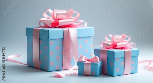 Blue gift box on a white background. Various sizes of the same shaped gift box. A small gift box alongside a large gift box.