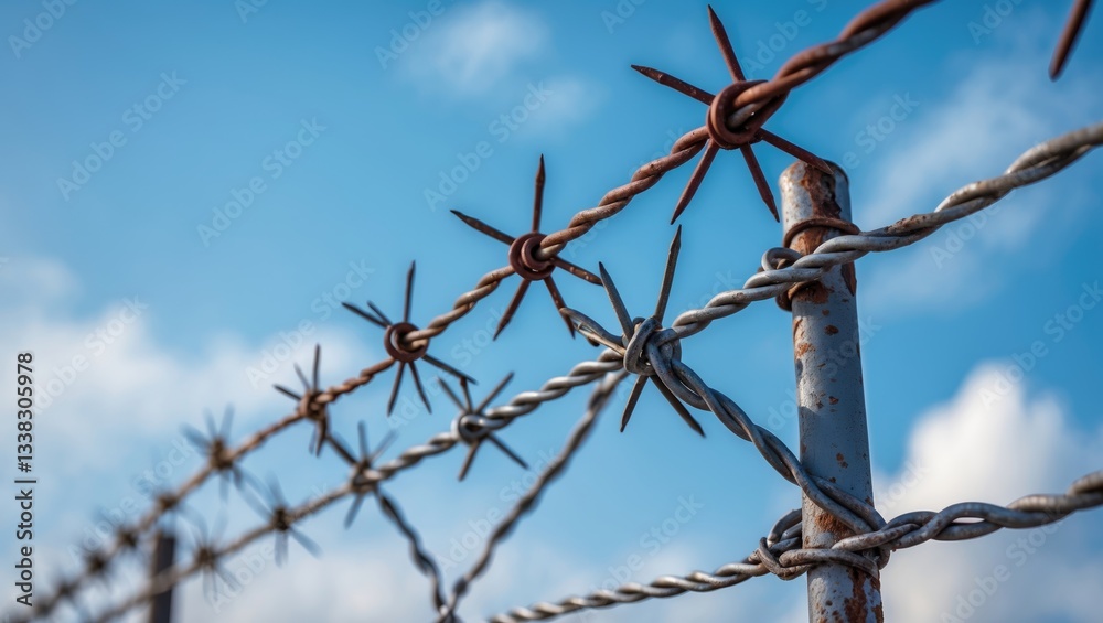 Barbed wire fence against a blue sky background. Selective focus. Barbed wire fence against a blue sky background. Selective focus.