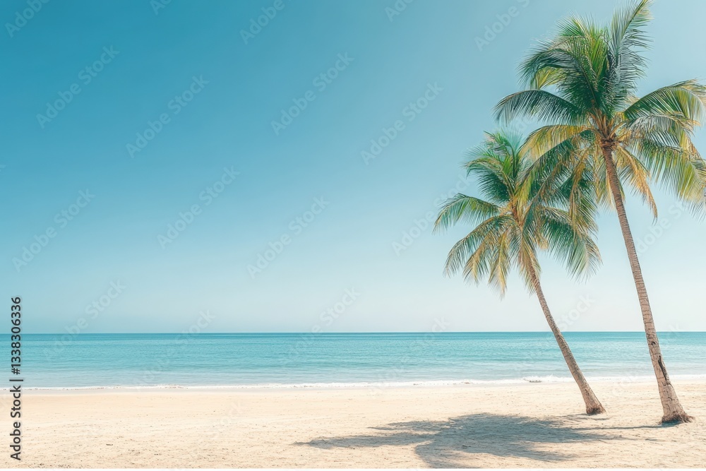 Tranquil Beach Scene with Palm Trees and Clear Blue Sky - Relaxation & Vacation Vibes Tranquil Beach Scene with Palm Trees and Clear Blue Sky - Relaxation & Vacation Vibes