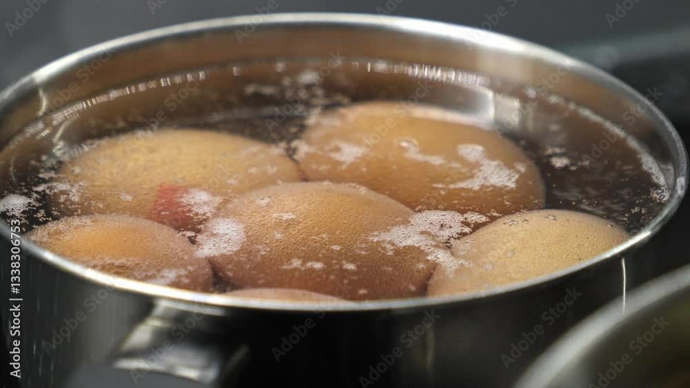 boiling eggs in a stainless steel pot with bubbling water on the stove, showing the cooking process in the kitchen boiling eggs in a stainless steel pot with bubbling water on the stove, showing the cooking process in the kitchen