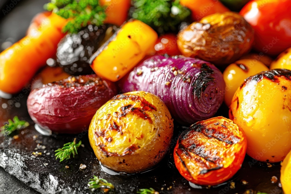 Close-up shot of grilled vegetables arranged on a stone surface, showing vibrant colors and texture details, creating a delicious and healthy food scene. Close-up shot of grilled vegetables arranged on a stone surface, showing vibrant colors and texture details, creating a delicious and healthy food scene.