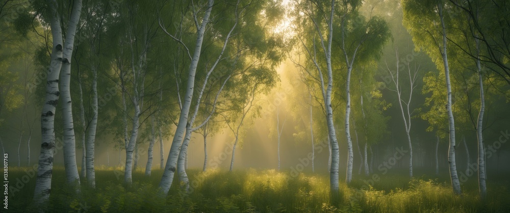 Fototapeta premium Light beams shine through birch trees in the park.