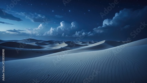 Desert dunes and hills at night under a starry and cloudy sky in a blue atmosphere.