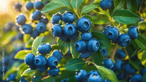 Ripe blueberry fruits on the farm. Abundant berries on the bush. High-yielding variety. photo