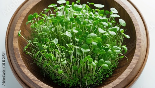 Daikon radish sprouts in a wooden bowl. Seedlings of winter radish. Raphanus sativus. Isolated close-up food photo from above against a white background.