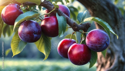 Ripe plums dangle from a branch of a tree.