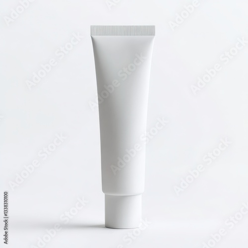 A sleek, matte white cosmetic tube with a smooth, velvety texture, blending seamlessly into the background while maintaining a distinct presence, placed centrally on a pure white background.