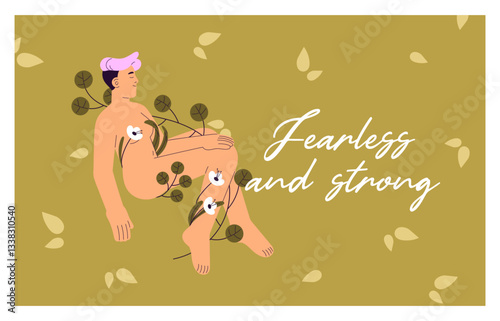 Naked woman with short hair is wrapped with flowers on card design. Happy nude girl with leaves on template of postcard. Sensuality, self love, care, inner harmony concept. Flat vector illustration.