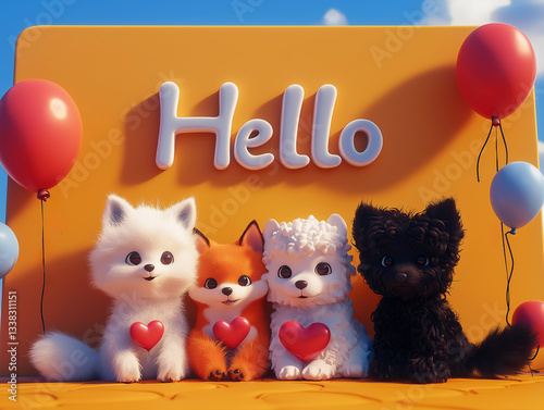 Hello Under the Blue Sky: A Group of Adorable Animals Holding Hairy Hearts on a Colorful 3D Wall with Balloons and a Warm Candy Color Palette