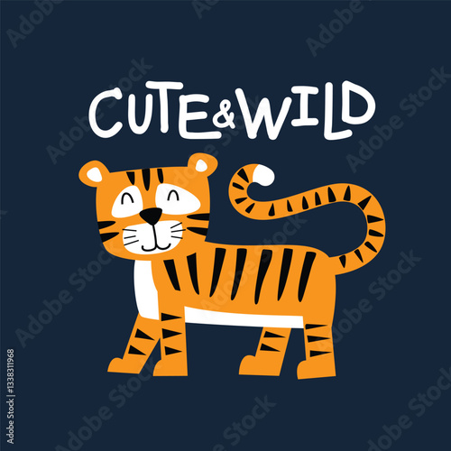 Childish tiger cute and wild vector Illustration for kindergarten background, kids poster decoration, t-shirts, tee print, book cover, apparel and others