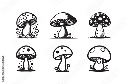 Set of cartoon style Mushroom Silhouette icon, logo, , isolated on a white background
