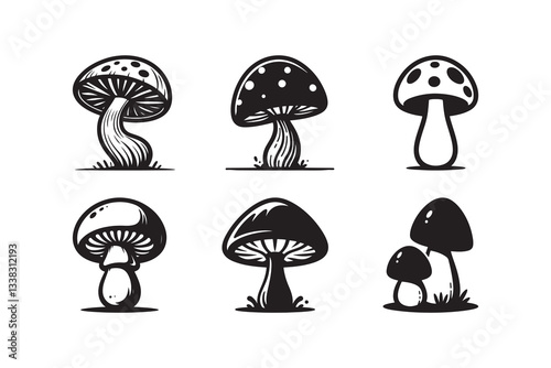 Set of cartoon style Mushroom Silhouette icon, logo, , isolated on a white background
