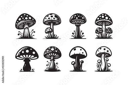 Set of cartoon style Mushroom Silhouette icon, logo, , isolated on a white background