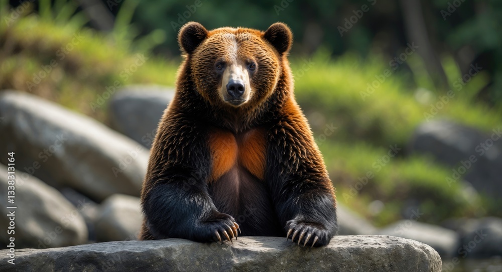 Obraz premium Sun bear is a species found in tropical forest habitats. Its coat is typically jet-black, short, and sleek, featuring some under-wool. A whorl is present in the center of the breast patch.