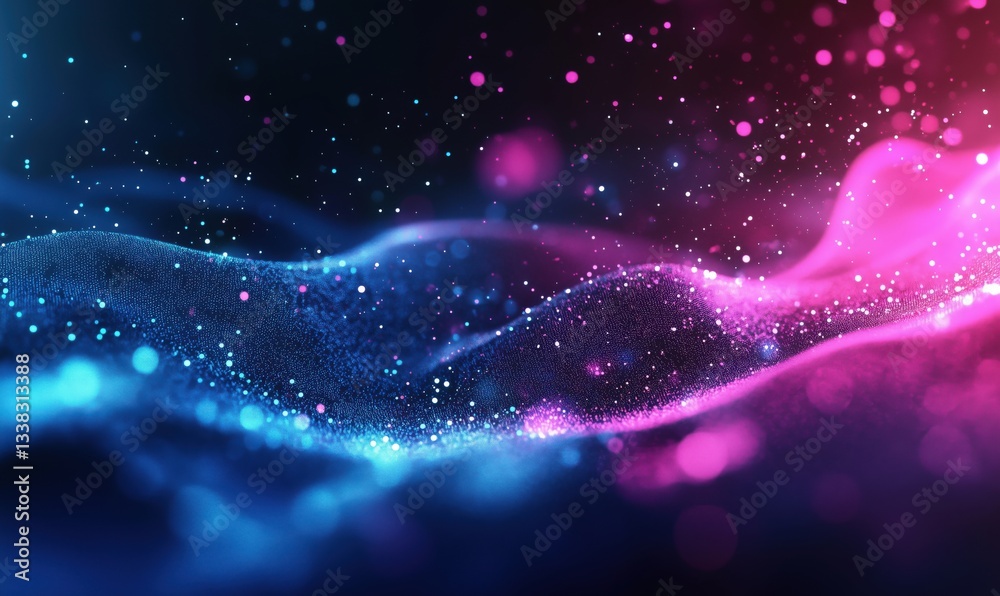Fototapeta premium Colorful abstract waves with glowing particles in blue and pink tones