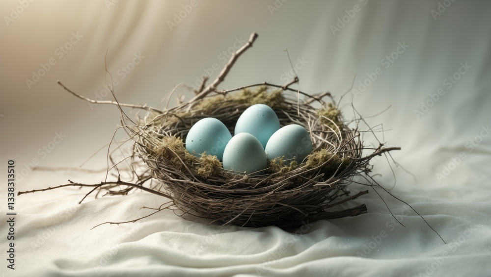 Obraz premium Blackbird eggs nestled in a nest, isolated on a white background. Space available for your text or design.