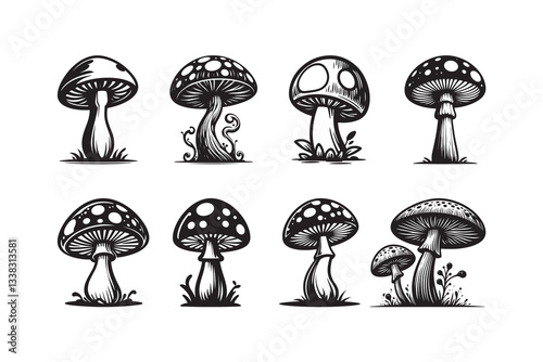 Set of cartoon style Mushroom Silhouette icon, logo, , isolated on a white background