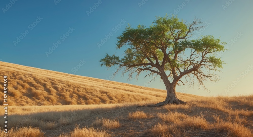 Fototapeta premium Lone distressed tree in a dry field during a drought from climate change captured on a rural hillside covered with parched grasslands in the Preserve.