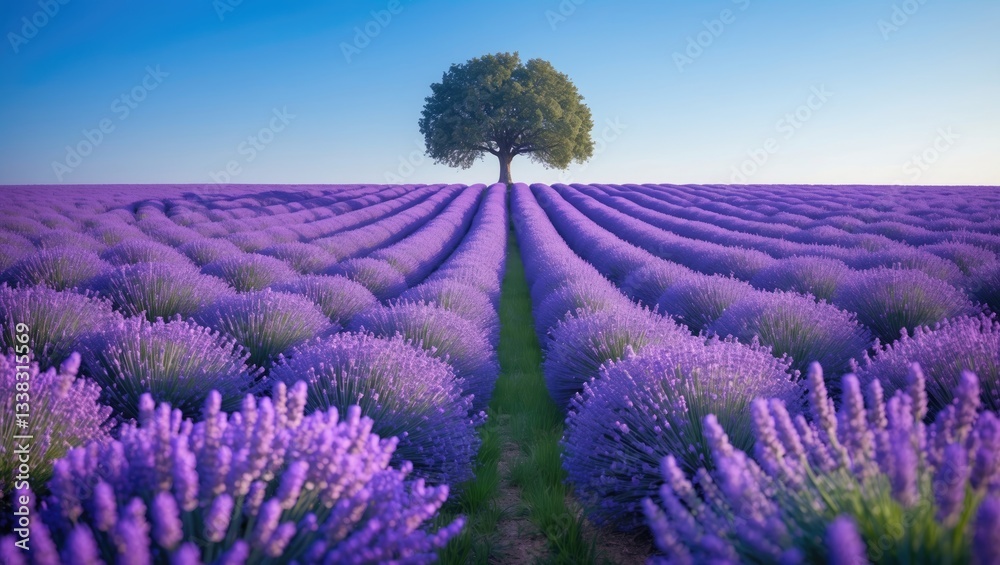 Obraz premium A lavender field extending to the horizon beneath a clear blue sky. The purple flowers form a colorful sea, showcasing the global popularity and charm of lavender.