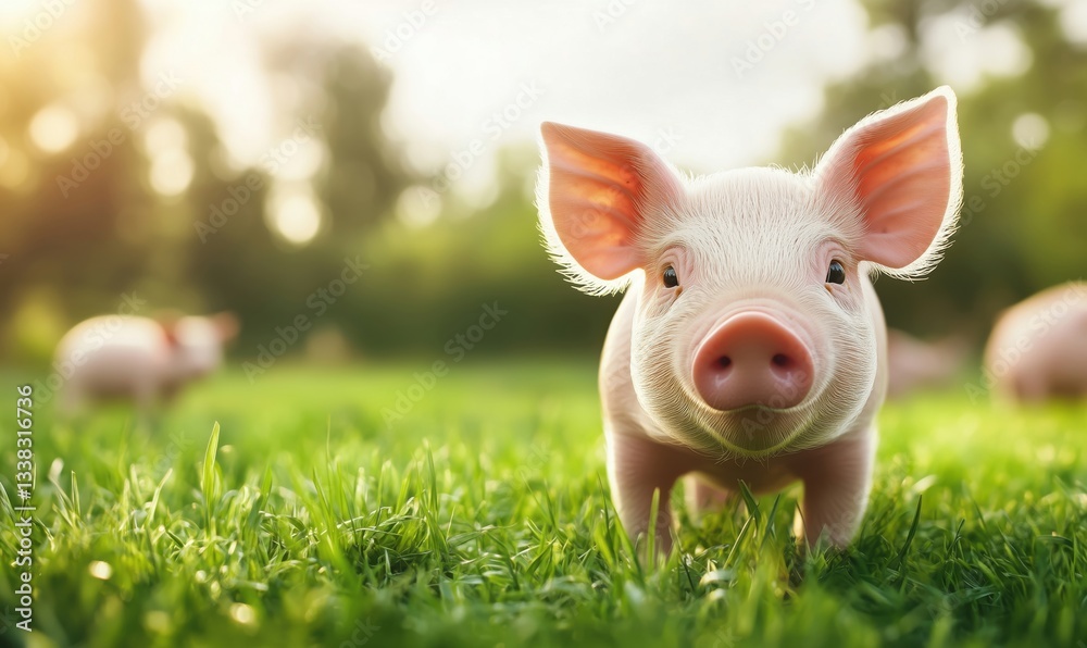 Cute piglet standing on green grass in sunny farm setting with blurred background Cute piglet standing on green grass in sunny farm setting with blurred background