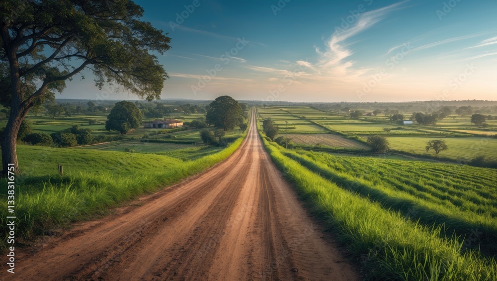 Obraz premium Dirt road through rural properties adjacent to plantations.