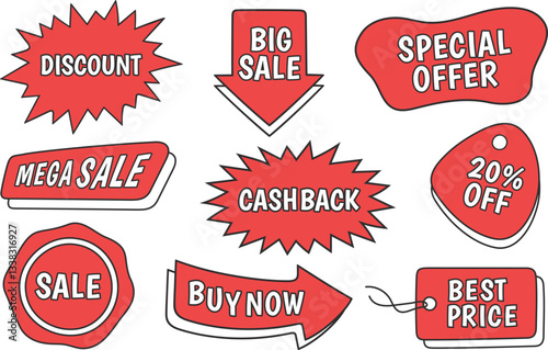 Set of sale promotion tags and labels in red color with white text
