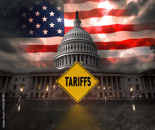 U.S. Capitol building with American flag and tariffs warning sign, American foreign policy